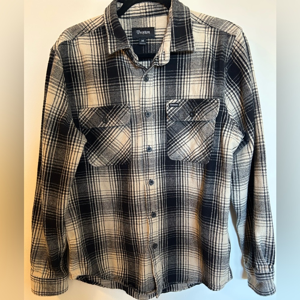 Brixton Bowery heavy Flannel Ahirt Black Beige Plaid Men’s Medium EUC